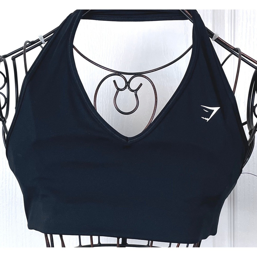 Gymshark Women Black Halter Neck V-Neck Sports Bra Branded Logo Athletic Running